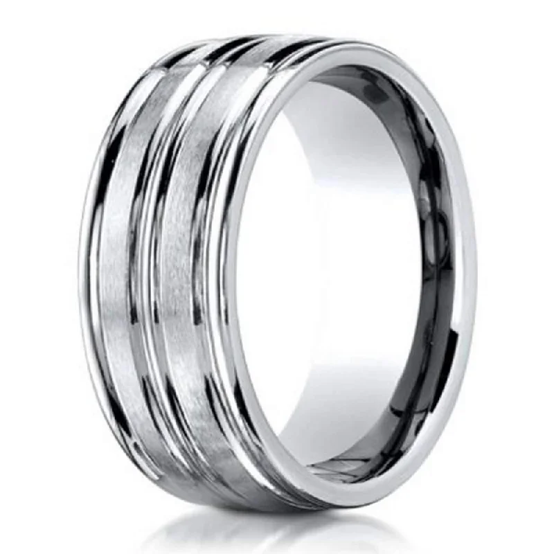 Creek stone ring-Comfort Fit 18K White Gold Wedding Band with Satin & Polished Finish – 8 mm