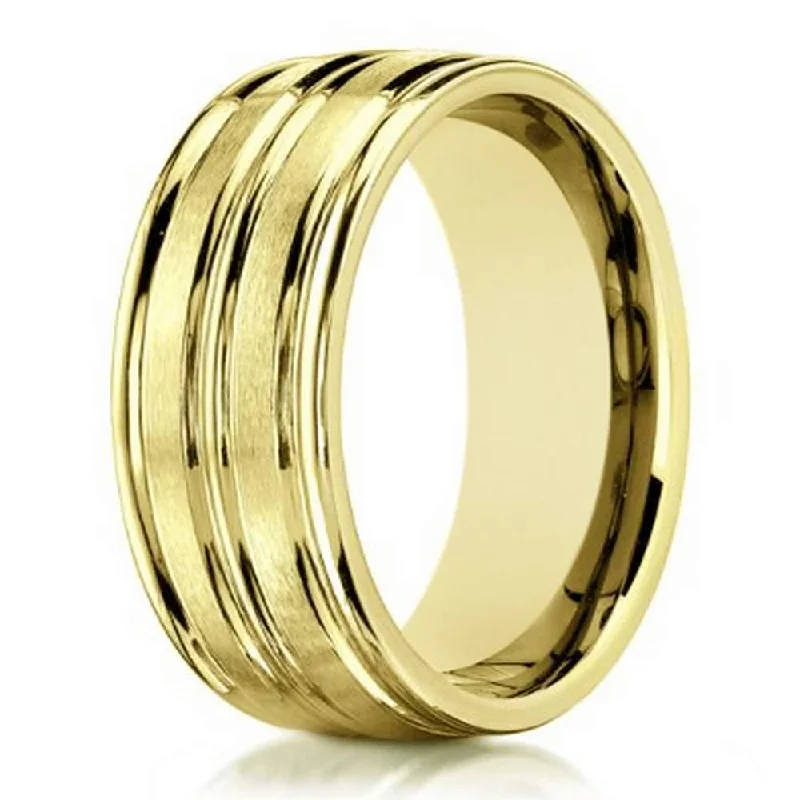 Spiral shank ring-Men's 18K Yellow Gold Designer  Ring with 3 Polished Grooves | 8mm