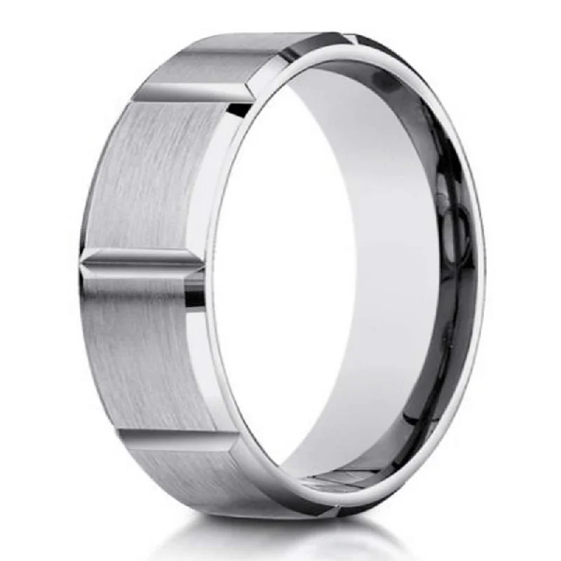 Arced rim ring-Men's Designer Ring in 18K White Gold With Vertical Grooves | 6mm