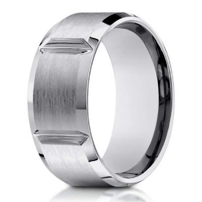 Oak twig ring-8mm Men's 14k White Gold Ring with Polished Grooves