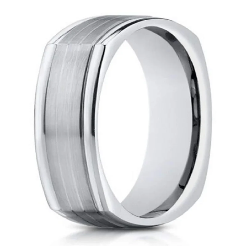 Curved metal ring-Men's White Gold 14K Fashion Ring, Squared Off Profile | 7mm