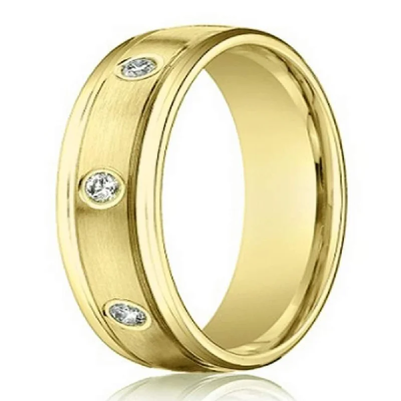 Blended grain ring-Mens 4mm 14k Yellow Gold Wedding Ring with 8 Round Diamonds