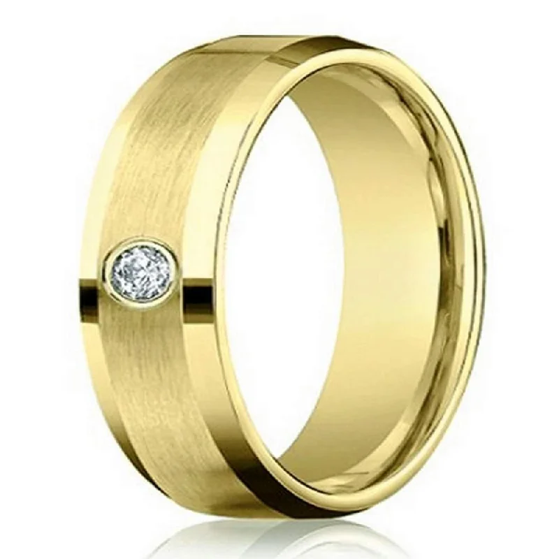 Ribbed edge ring-Mens 4mm 14k Yellow Gold Diamond Band with Satin Finish