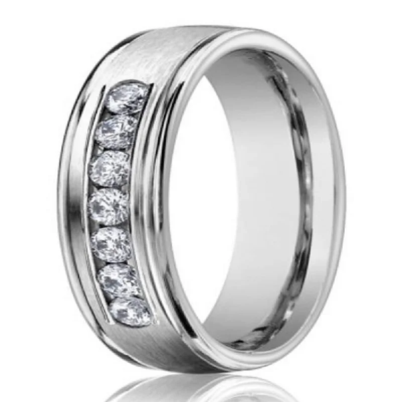 Chipped band ring-Men's 14K White Gold Wedding Ring with 7 Diamonds | 6mm