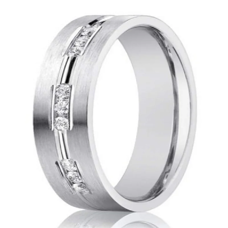 Ribbed edge ring-Designer 14K White Gold Wedding Band, 9 Channel Set Diamonds | 6mm