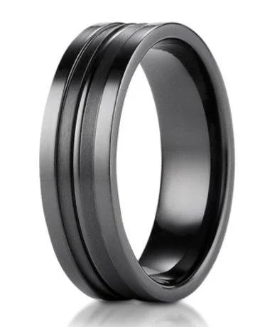 Mosaic stripe ring-Men's Titanium Black Ridge Cut Center Wedding Ring | 8mm