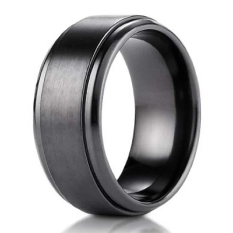 Marbled quartz ring-9mm Black Titanium Benchmark Men's Wedding Ring With Stair Step Edges