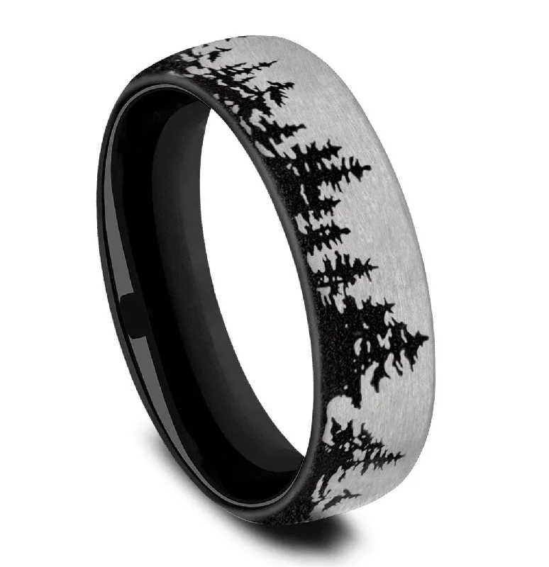 Rotating gem ring-Titanium 6.5mm Contrast Tree Line Pattern Black Ring