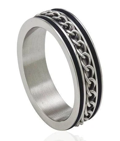 Toasted wood ring-Stainless Steel Ring With Spinning Chain and Black Trim-8MM