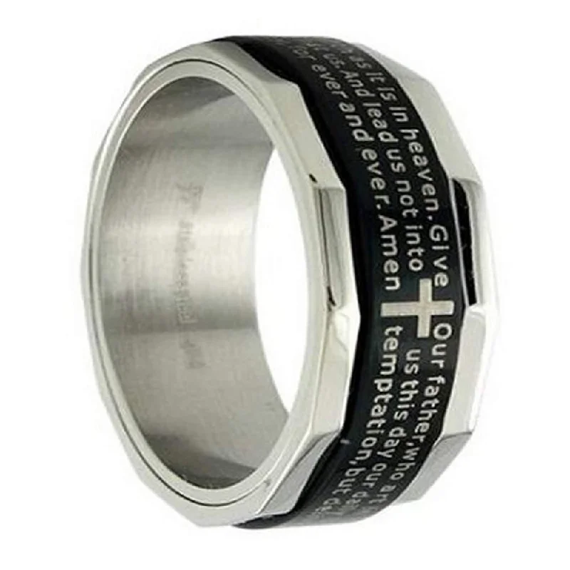 Aged patina ring-Men's Black Stainless Steel Christian Spinner Ring with Lord's Prayer | 8mm