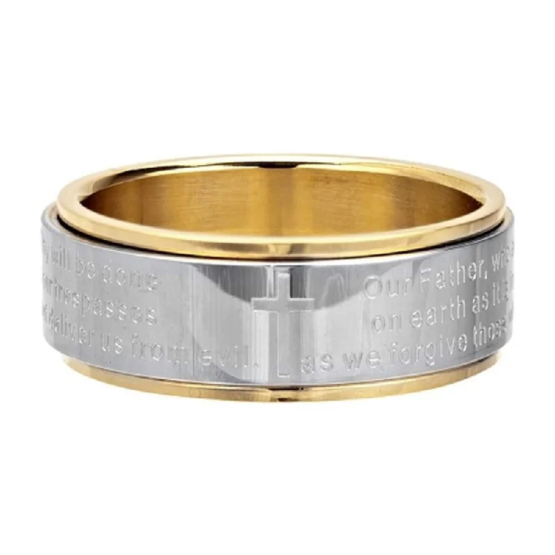 Embossed design ring-Polished Stainless Steel and Gold PVD Plated Spinner Ring with Lord's Prayer | 8mm