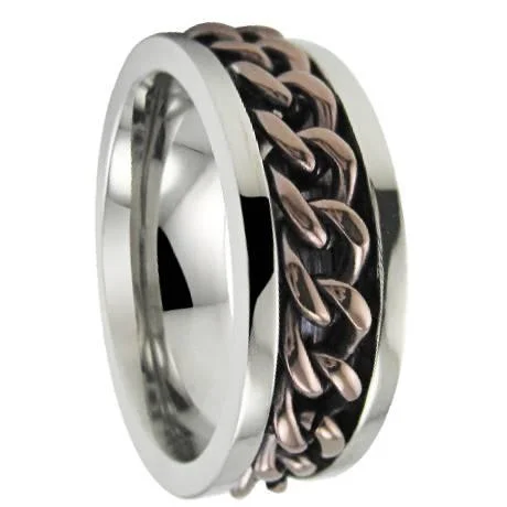 Regency curve ring-Men's Stainless Steel Spinner Ring with Bronze Chain and Polished Finish | 8mm