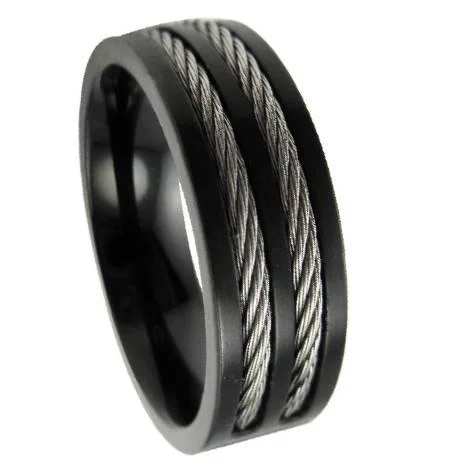 Scythian band ring-Men’s Stainless Steel Black Cable Ring with Flat Face and Polished Finish | 8mm