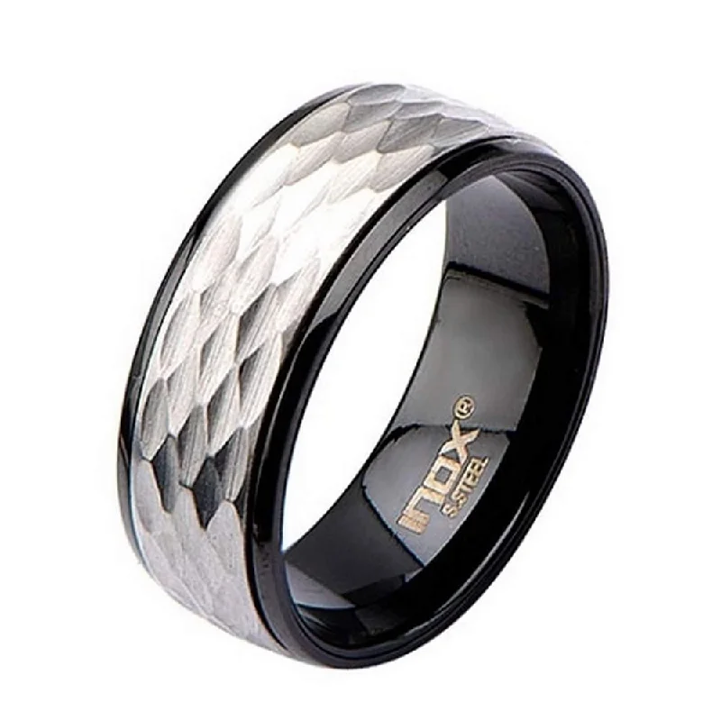 Blended grain ring-Men's Stainless Steel Matte and IP Black Polished Spinner Ring-8mm