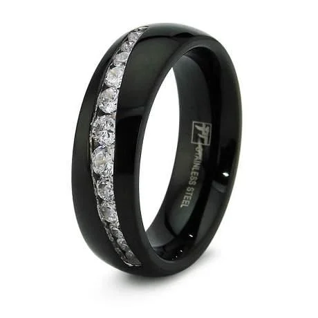 Cushion-cut ruby ring-Black Stainless Steel Wedding Band with 12 CZ's - 7mm