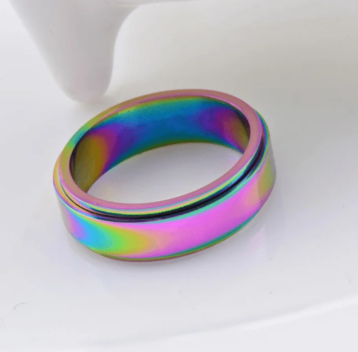 Saffron quartz ring-Rainbow Chrome Fidget Spinner Band Ring in Stainless Steel-8mm