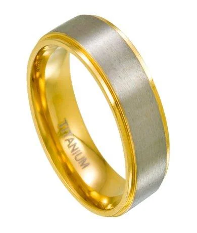 Scratched finish ring-Titanium Wedding Ring for Men, Gold Tone Step Down Edges | 8mm