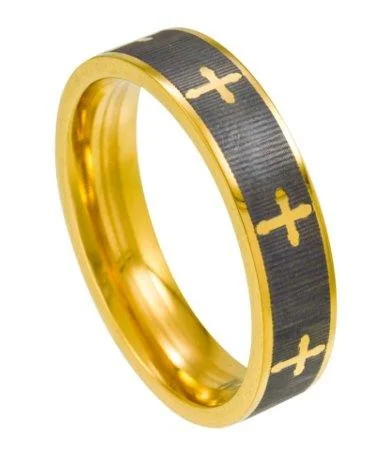 Lunar design ring-Titanium and Gold Plated Men's Cross Ring with Polished Edges| 6mm