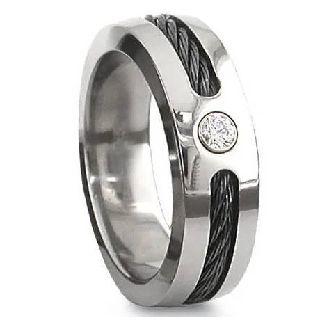 Fossil relic ring-Men's Titanium Black Cable Ring with Polished Finish and CZ-7mm