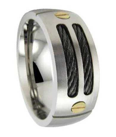 Clam pearl ring-Mens Titanium Black Cable Ring with Satin Finish and 18K Gold Screws| 9mm