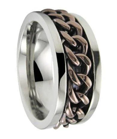 Steel forged ring-Men’s Titanium Spinner Ring with Bronze Tone Chain and Polished Finish | 8mm