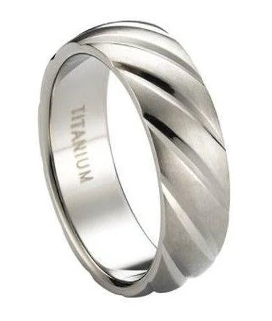 Tidal vortex ring-Satin-Finished Titanium Wedding Band with Diagonal Grooves | 8mm