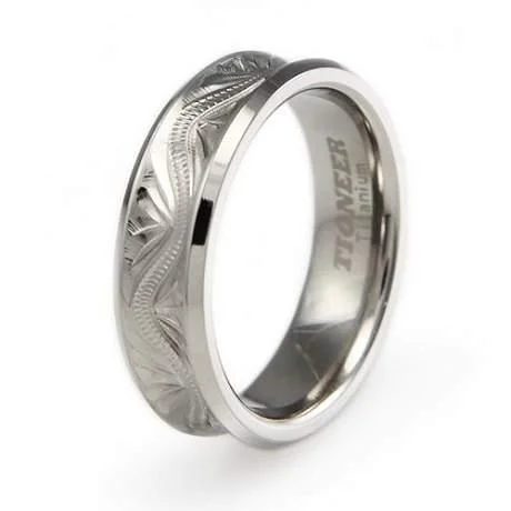 Brushed band ring-Titanium Handcrafted Floral Design Concave Wedding Band-6mm