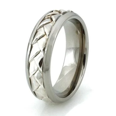 Ragged rim ring-Titanium and Sterling Silver Braided Center Design Ring-7mm