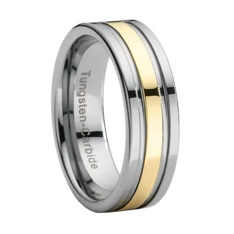 Polished gem ring-Tungsten Wedding Band with Gold Stripe Overlay-8mm