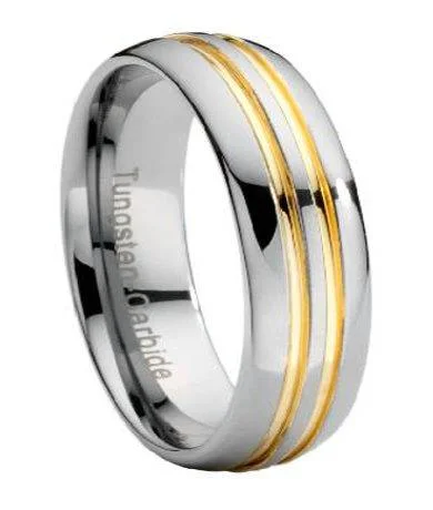 Ochre topaz ring-Tungsten Wedding Band with Gold Grooves-7mm