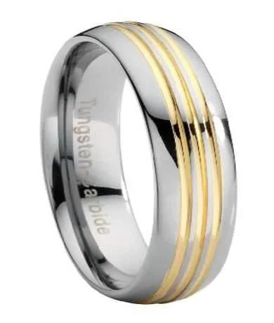 Triple knot ring-Tungsten Wedding Band with Three Gold Grooves -7mm