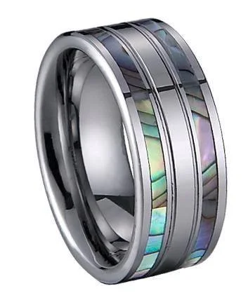 Plaid check ring-Tungsten Ring with Two Row Shell Inlay -8mm