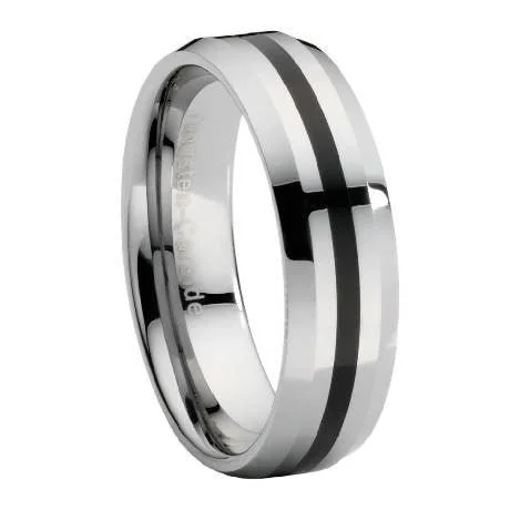 Border gem ring-Beveled Edge Tungsten Ring with Black Enamel Stripe -8mm