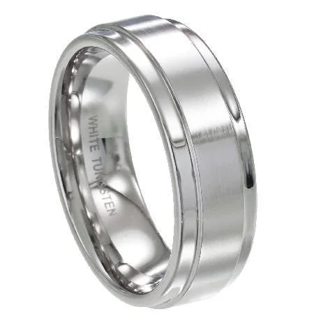 Apex set ring-Men's White Tungsten Ring with Flat Satin Finish and Polished Edges-8mm