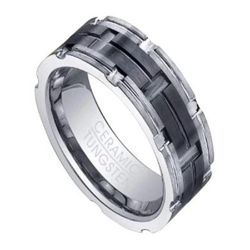 Fine swirl ring-Tungsten Ring for Men with Grooved Black Ceramic Inlay | 8mm