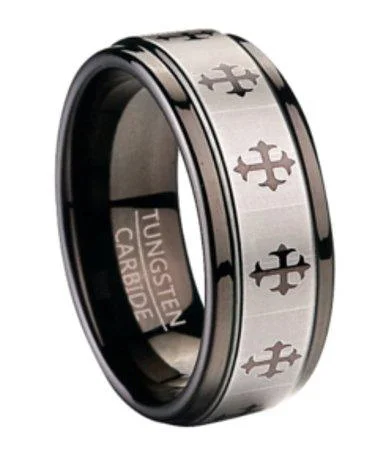 Knotted design ring-Fashion Ring for Men in Black Tungsten with Crosses | 9mm