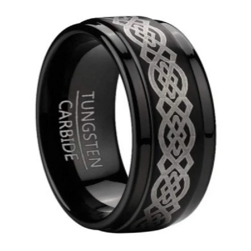 Nailed design ring-Black Tungsten Men's Celtic Knot Ring Step Down Edges Ring | 9mm