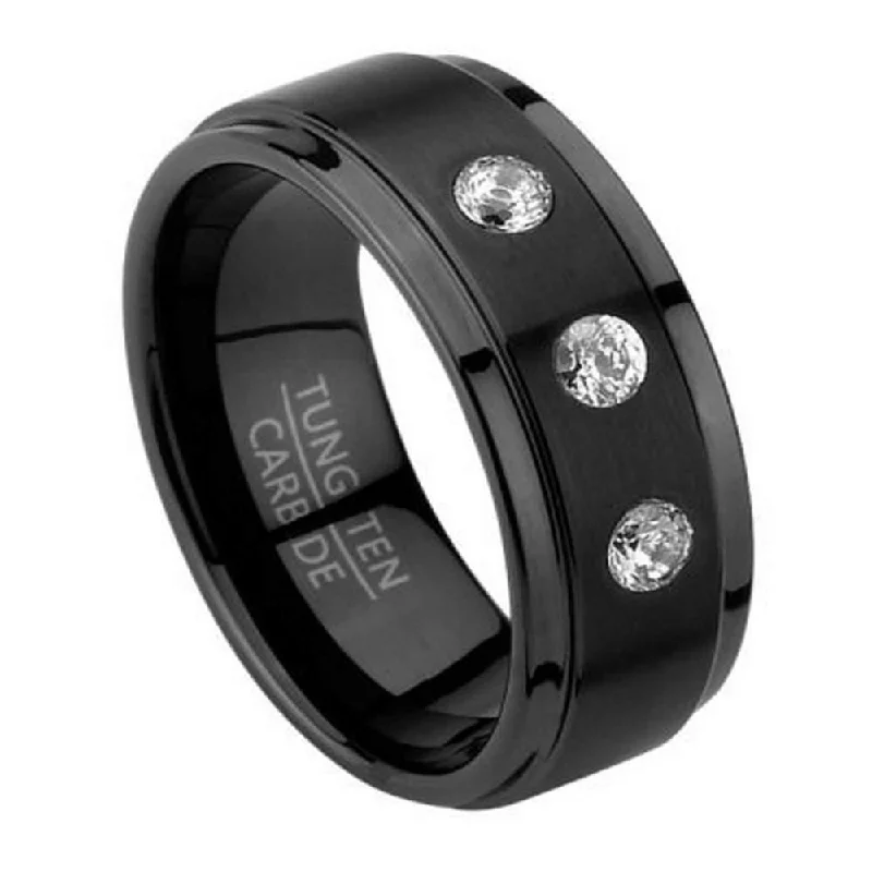 Apex set ring-Contemporary Men's Ring in Black Tungsten with Three CZ | 8mm