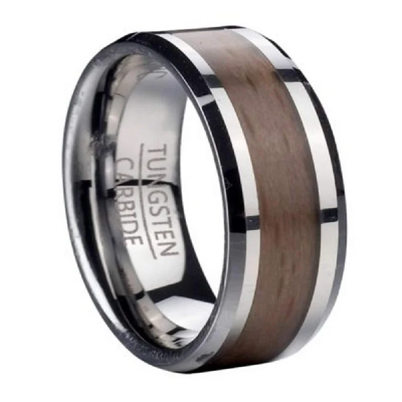 Nickel band ring-Tungsten Ring for Men with Red Beechwood and Beveled Edges | 8mm