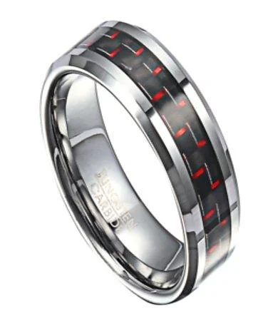 Imperial jasper ring-Men's Tungsten Ring with Black and Red Carbon Fiber Inlay | 8mm