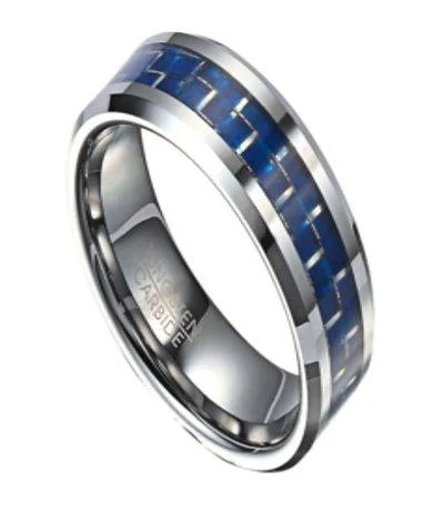 Mosaic stripe ring-Tungsten Ring for Men with Blue Carbon Fiber Center Inlay | 8mm