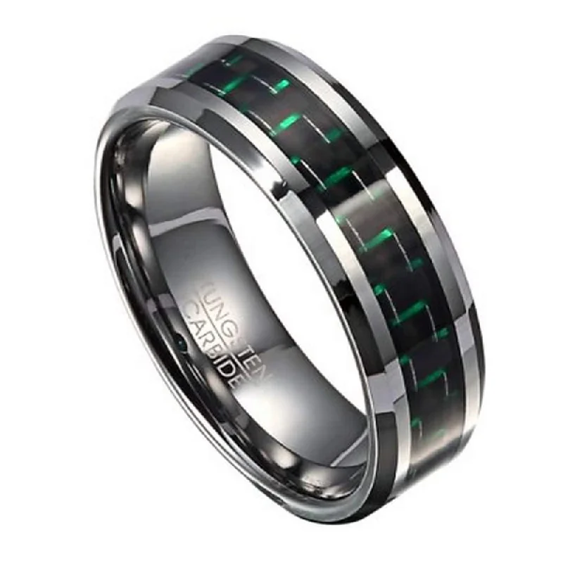 Iris flower ring-Men's Fashion Ring in Tungsten with Green Carbon Fiber Inlay, 9mm