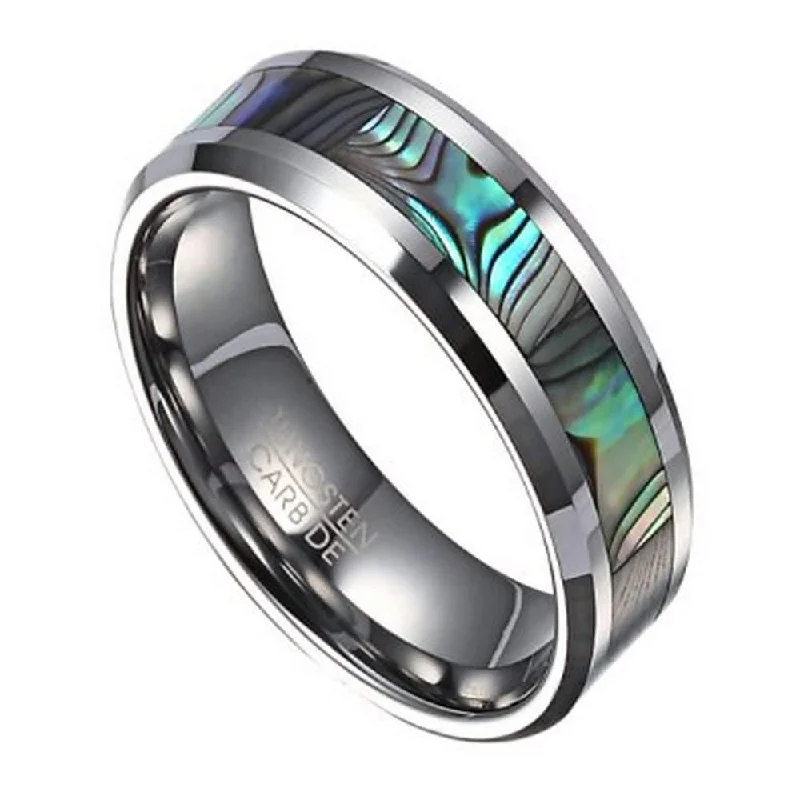 Cushion-cut ruby ring-Men's Fashion Ring in Tungsten with Abalone Shell Inlay | 8mm