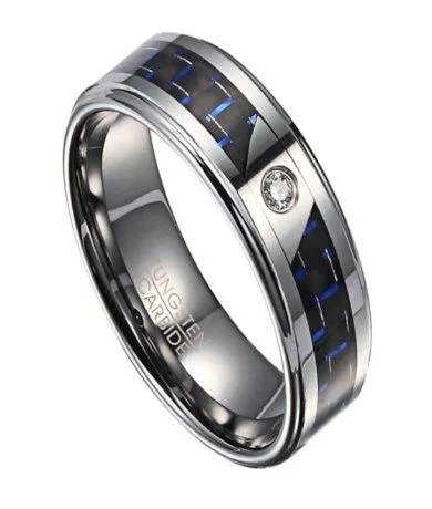 Leaf stem ring-Tungsten Men's Ring with Black and Blue Carbon Fiber and CZ | 8mm