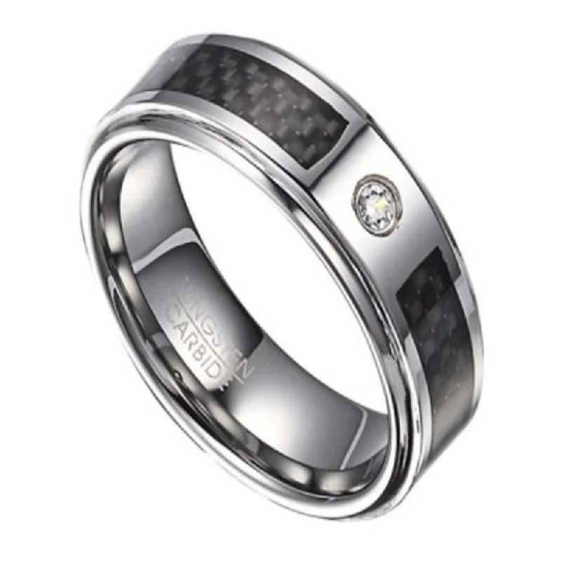 Stellar shine ring-Tungsten and CZ Ring for Men with Black Carbon Fiber Inlay | 8mm