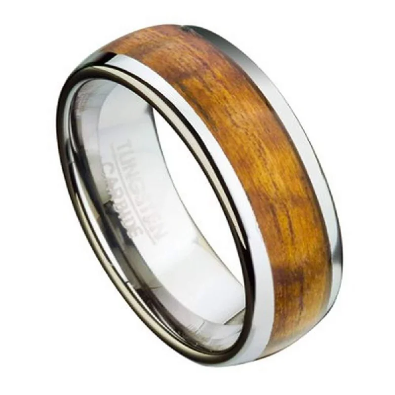 Knotted design ring-Tungsten Ring for Men with Koa Wood Inlay and Domed Profile-8mm