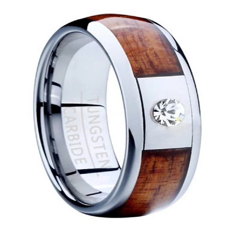 Flint speck ring-Men's Tungsten Ring with Koa Wood Inlay and Single CZ-8mm