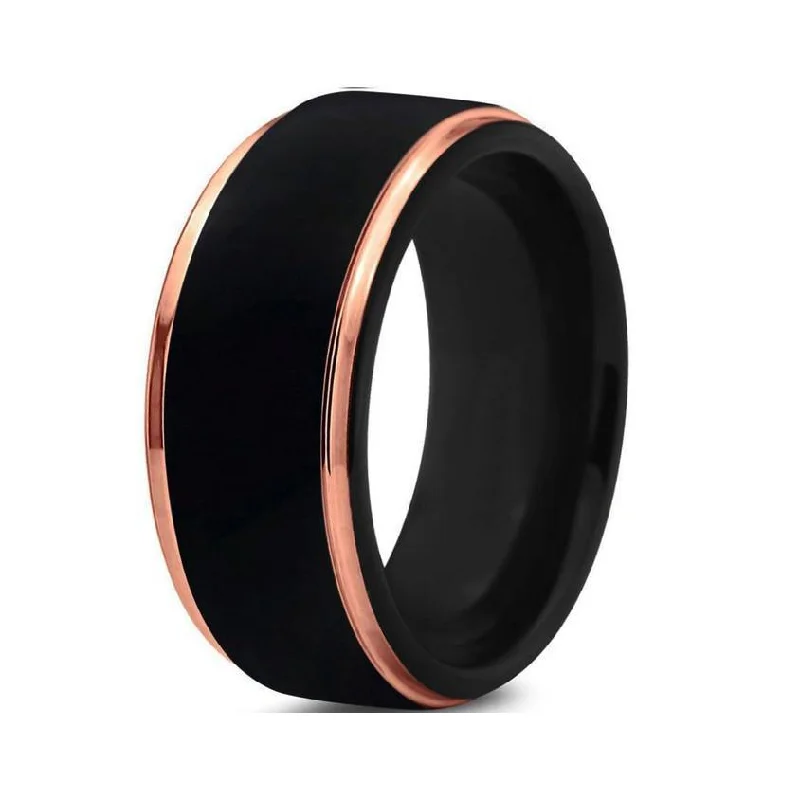 Pleated band ring-Black Tungsten Rose Gold Plated Beveled Edge Men's Ring-8mm