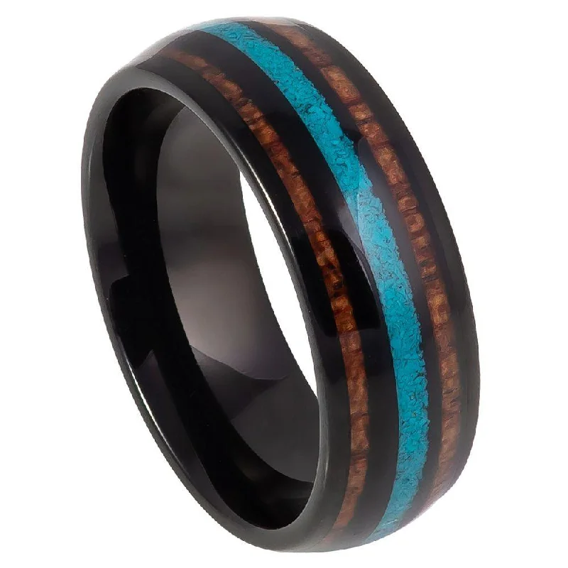 Bunched stone ring-Men's Black IP Tungsten with Koa Wood and Crushed Turquoise Inlay-8mm