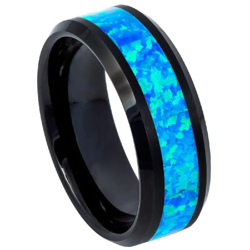 Celtic braid ring-Men's Black IP with Synthetic Opal Inlay with Beveled Edges l  8mm